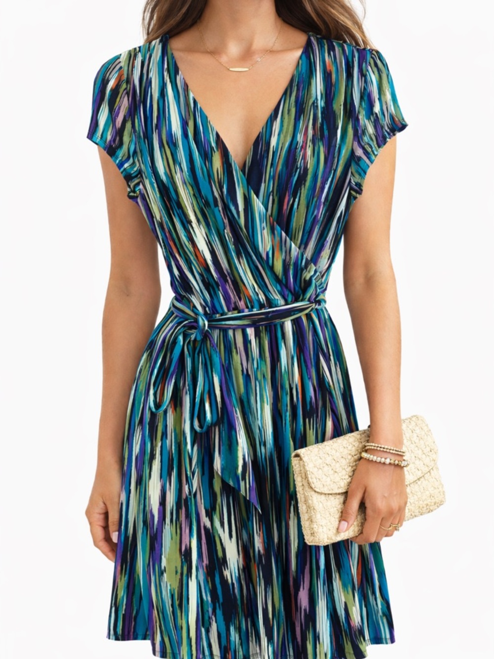 Nicole Miller Multicolor Abstract Print Wrap Dress | V-Neck | Tie Waist | Size M